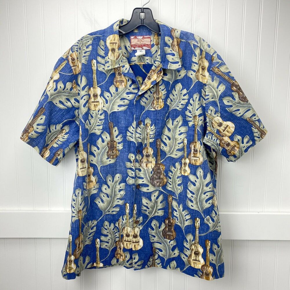 Hawaiian Shirt Button Up Mens XL RJC Casual Blue Short Sleeve Top Ukelele USA